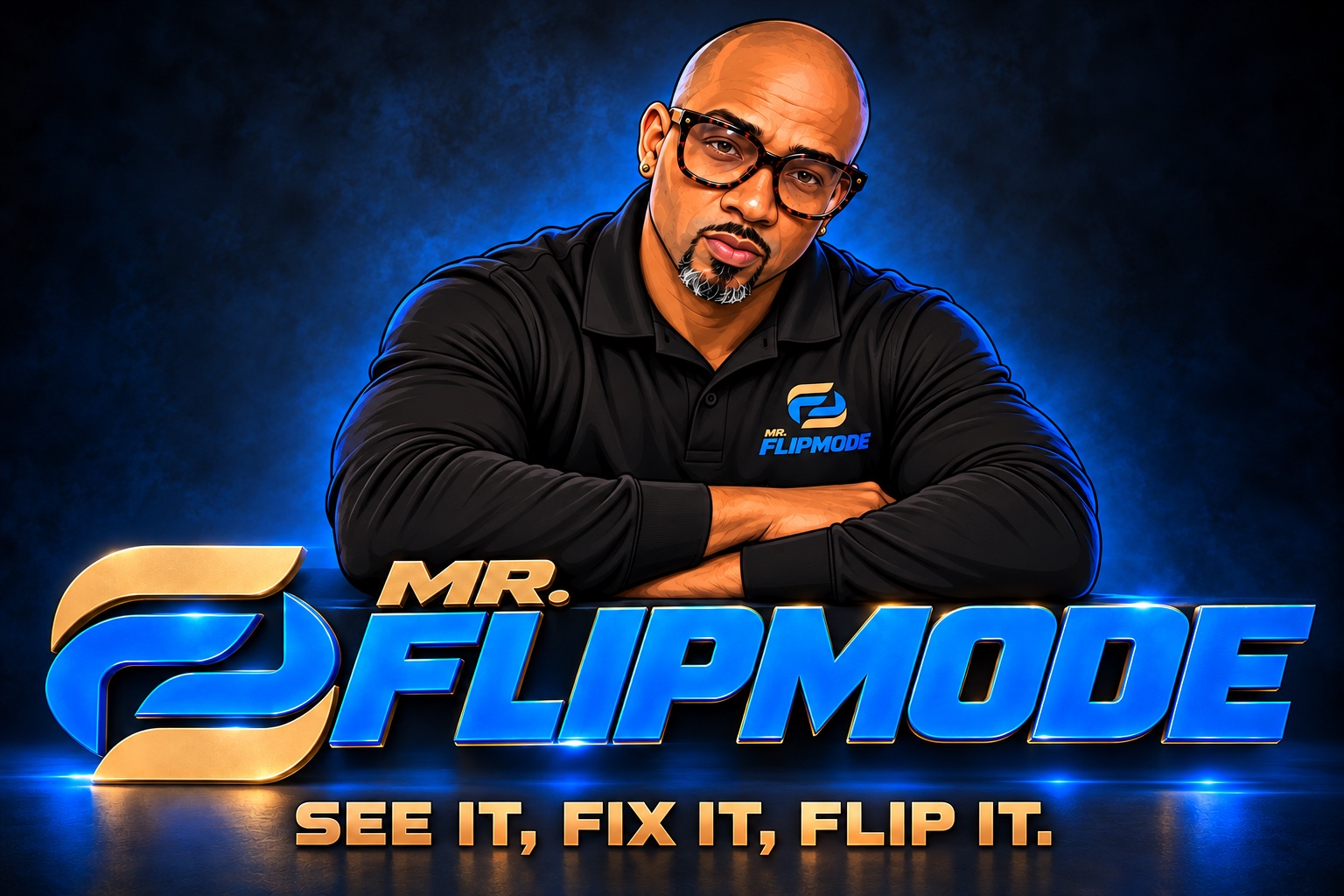Illustrated portrait of J. Flip with the Mr. Flipmode logo and See it, Fix it, Flip it slogan