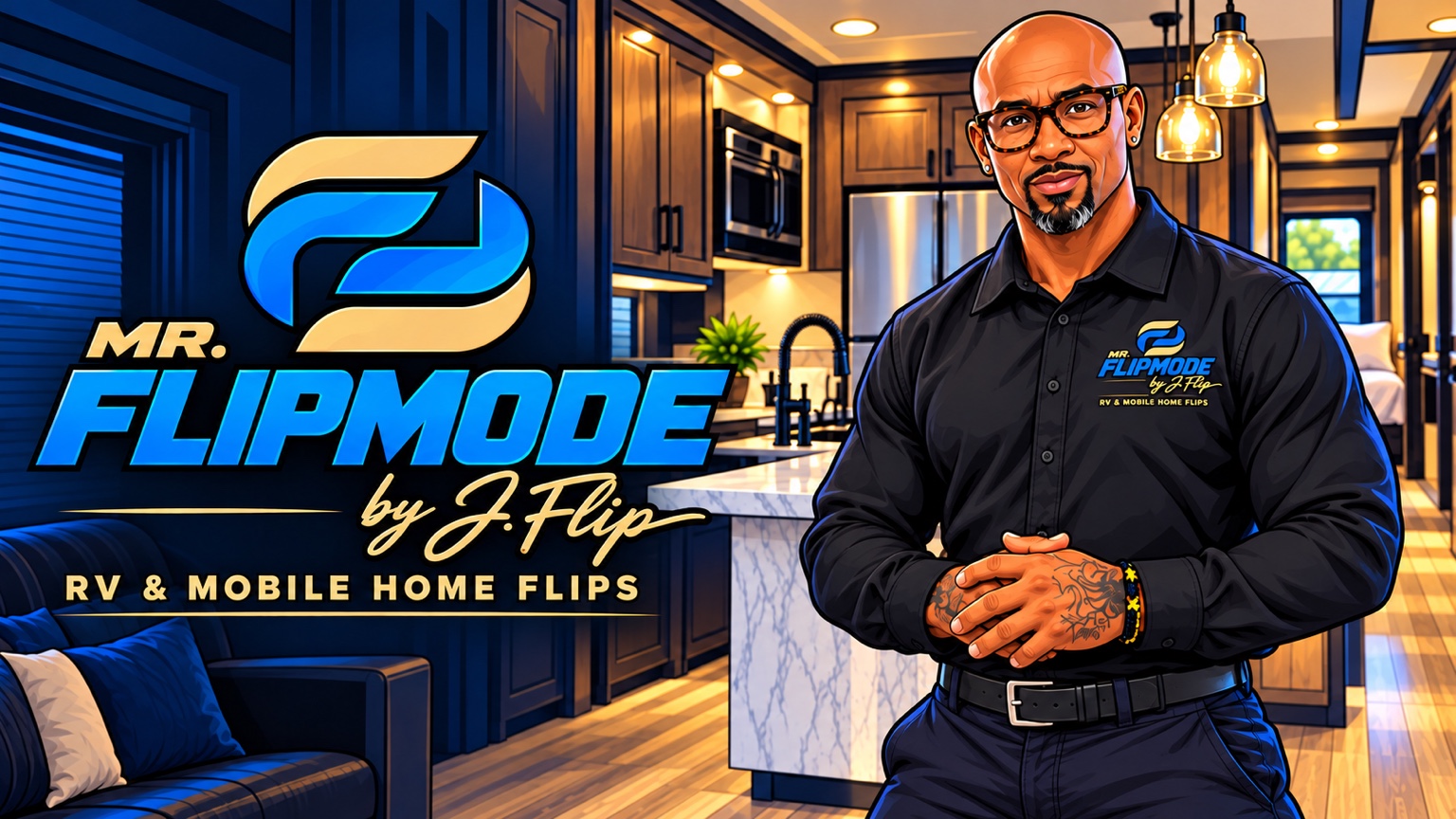 Illustrated J. Flip in his Mr. Flipmode work shirt beside the Mr. Flipmode logo in a renovated RV kitchen